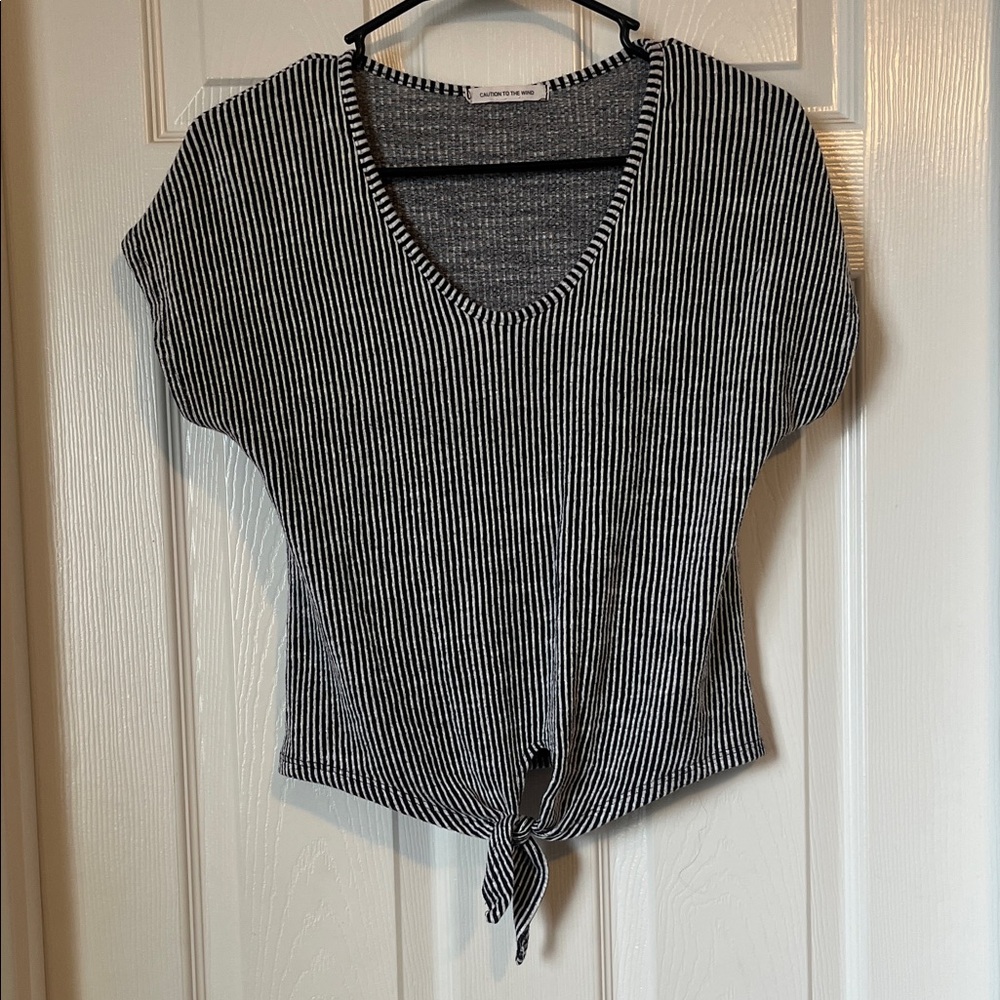 Caution To The Wind Black & White Striped Tie-Front Crop Top